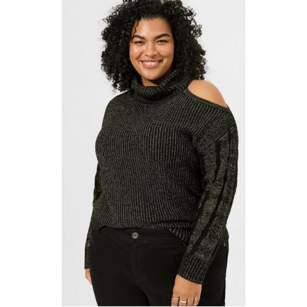 Torrid Lurex Cable Pullover Cold Shoulder‎ TurtleNeck Sweater Black Gold 2X sz 2